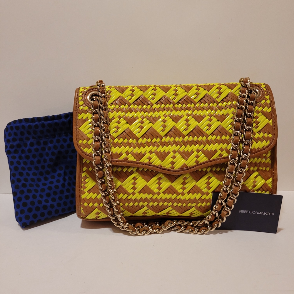 Rebecca Minkoff Brown Neon Green Leather Woven Chain Shoulder Bag & Storage Bag